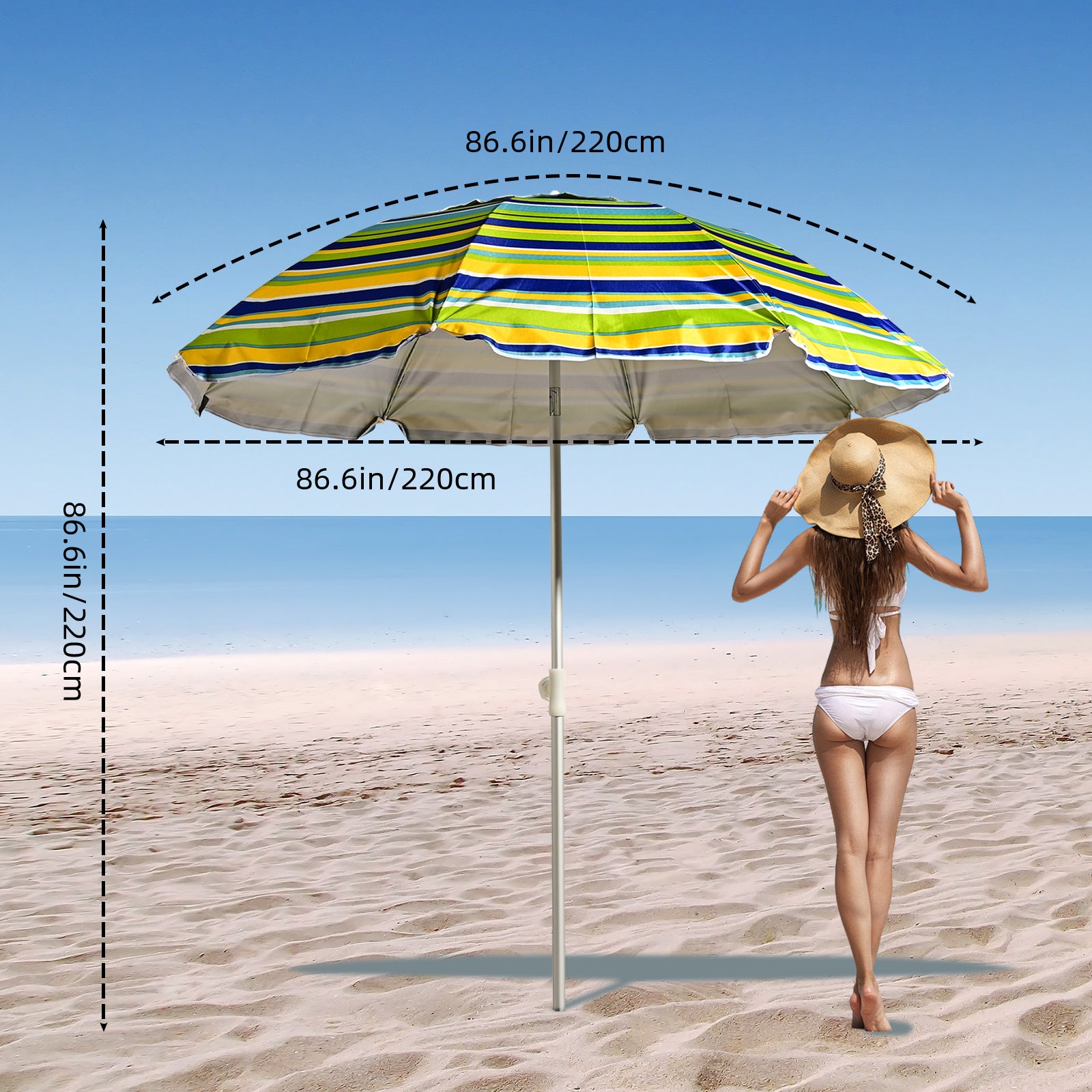 VC5399 Sombrilla de playa giratoria con aleación de zinc premium, transpirable y con rayas multicolor brillantes