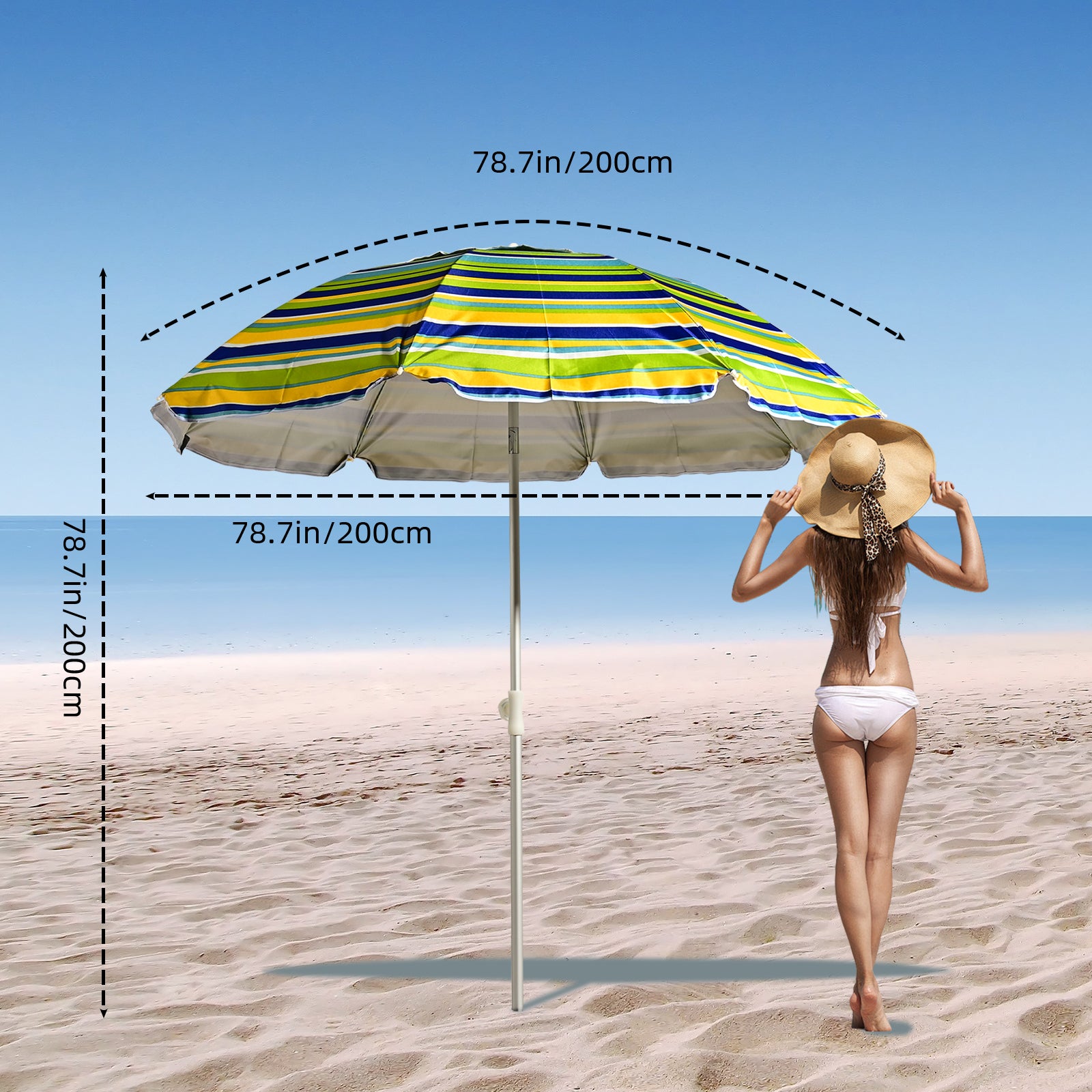 VC5399 Sombrilla de playa giratoria con aleación de zinc premium, transpirable y con rayas multicolor brillantes