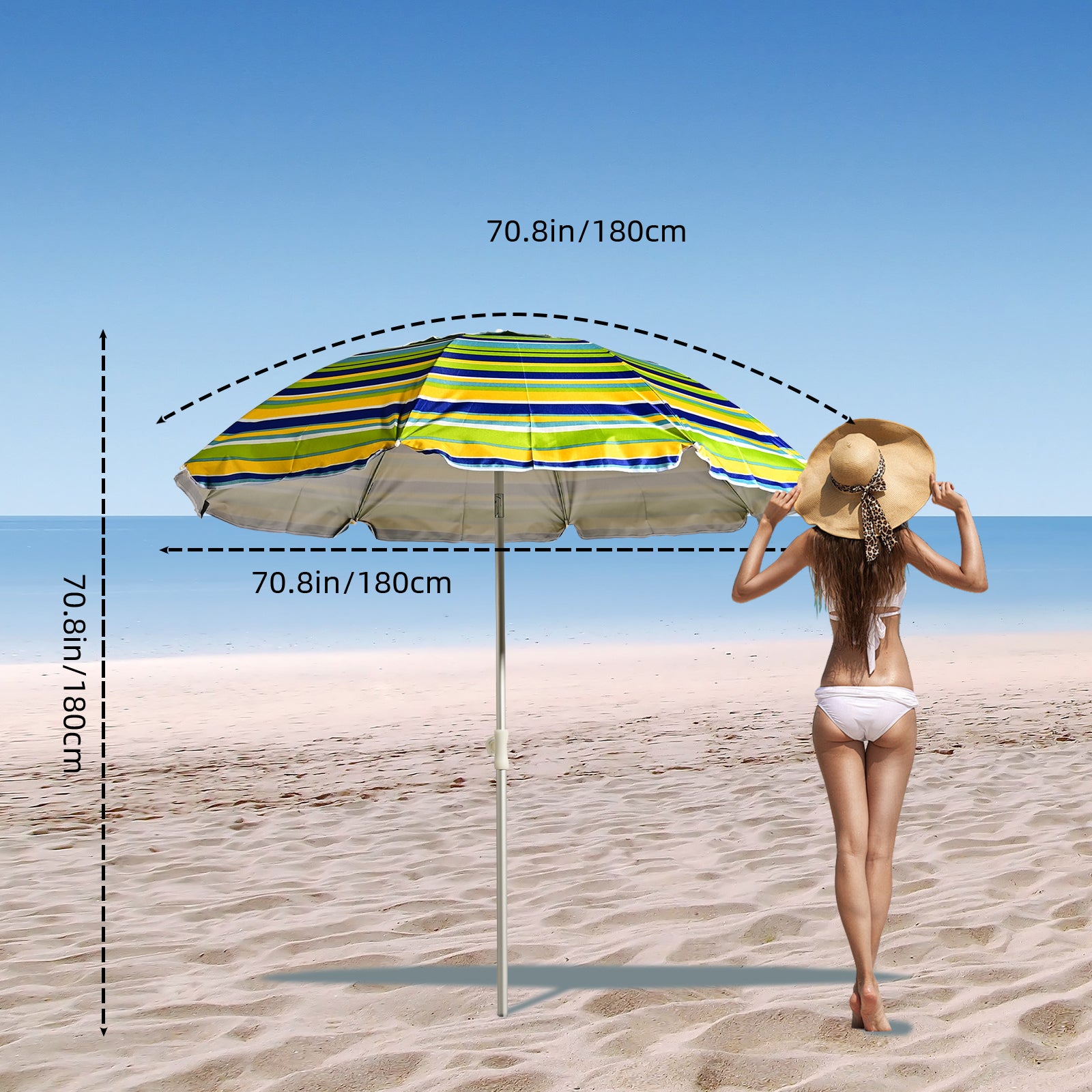 VC5399 Sombrilla de playa giratoria con aleación de zinc premium, transpirable y con rayas multicolor brillantes