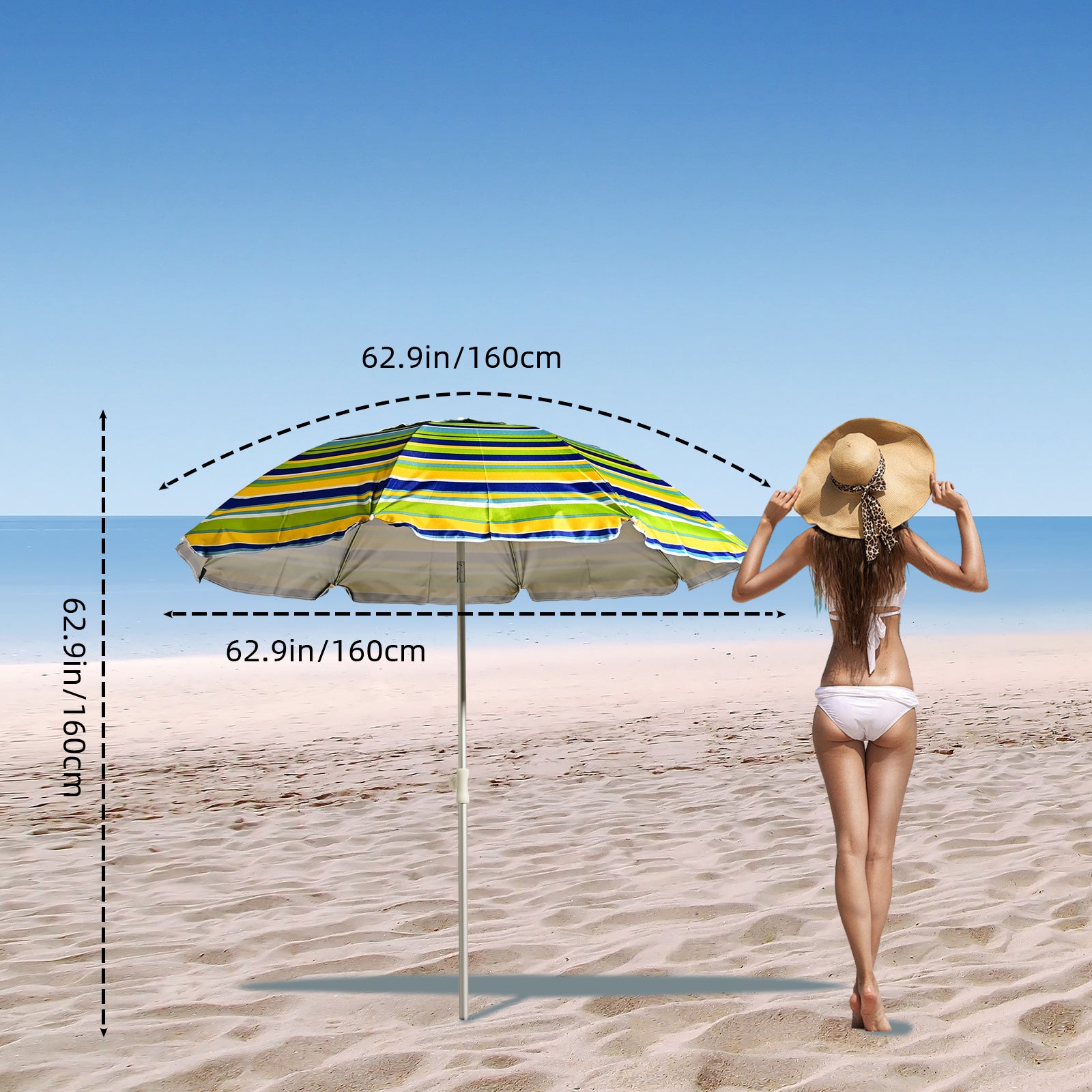 VC5399 Sombrilla de playa giratoria con aleación de zinc premium, transpirable y con rayas multicolor brillantes