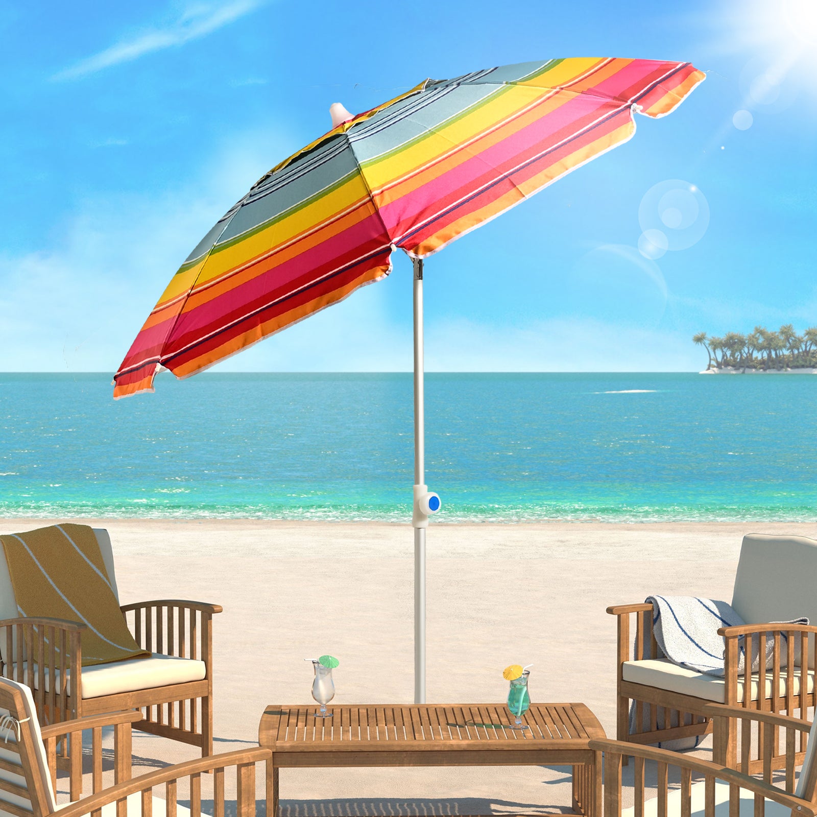 VC5399 Sombrilla de playa giratoria con aleación de zinc premium, transpirable y con rayas multicolor brillantes