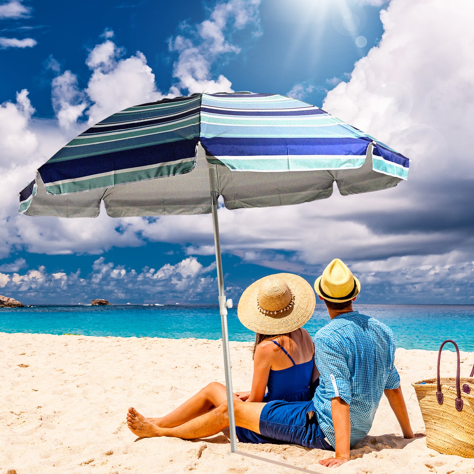 VC5399 Sombrilla de playa giratoria con aleación de zinc premium, transpirable y con rayas multicolor brillantes