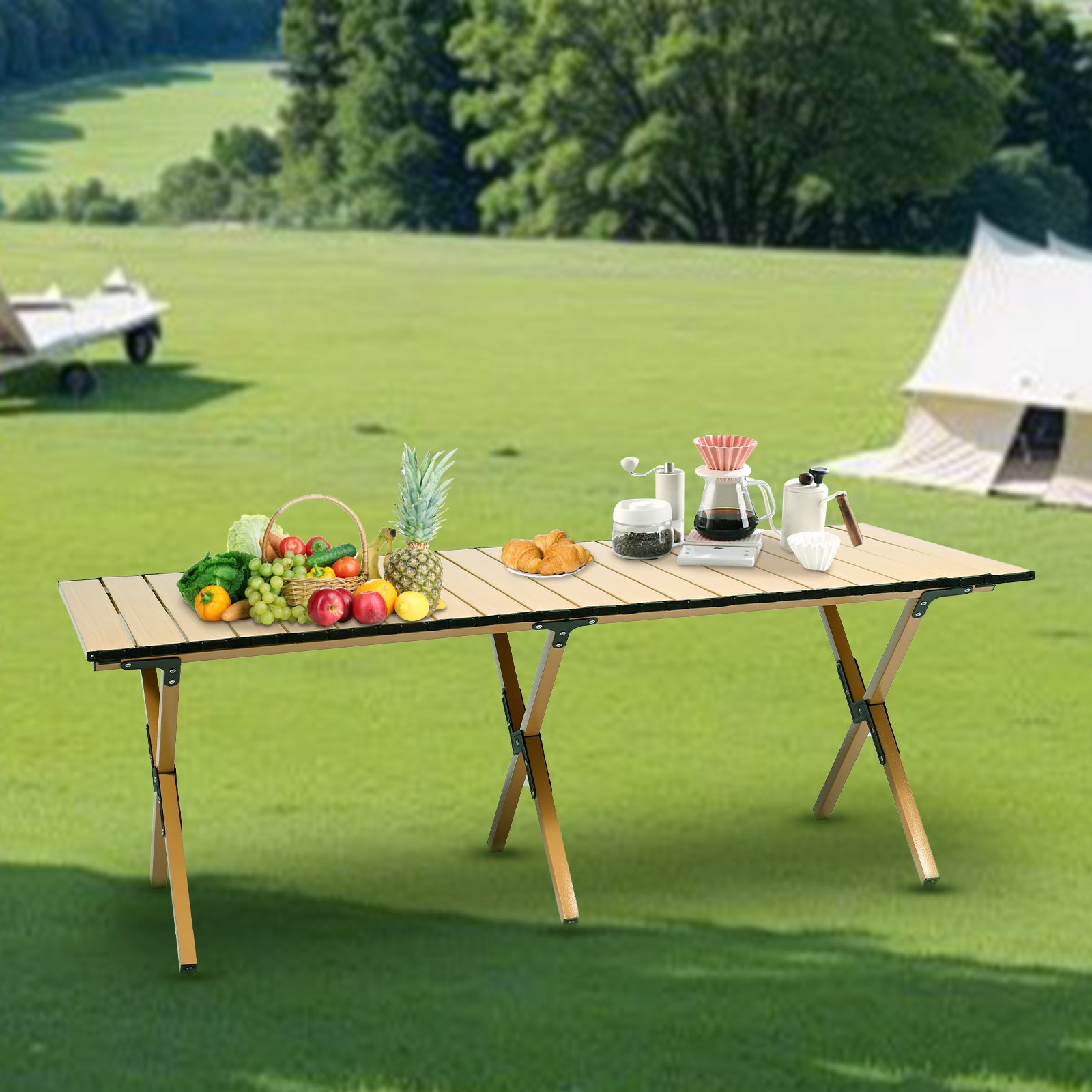 VC53912 Mesa Plegable de Camping de Aluminio Color Madera Grande (116×60×41cm)