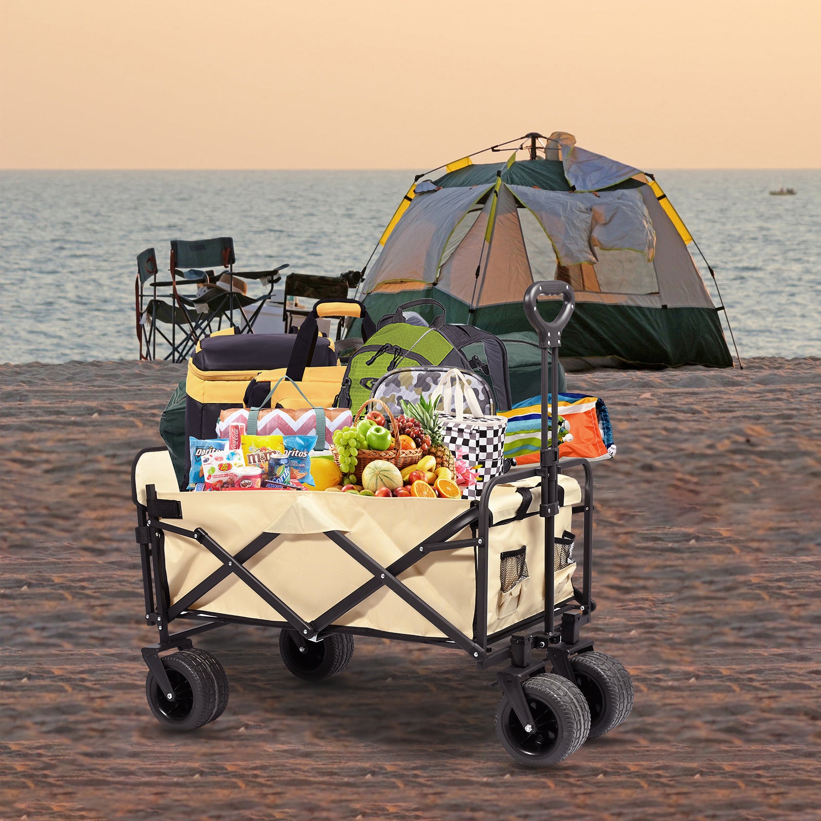VC53955 Carro Plegable de Camping con Ruedas de 7”-Beige
