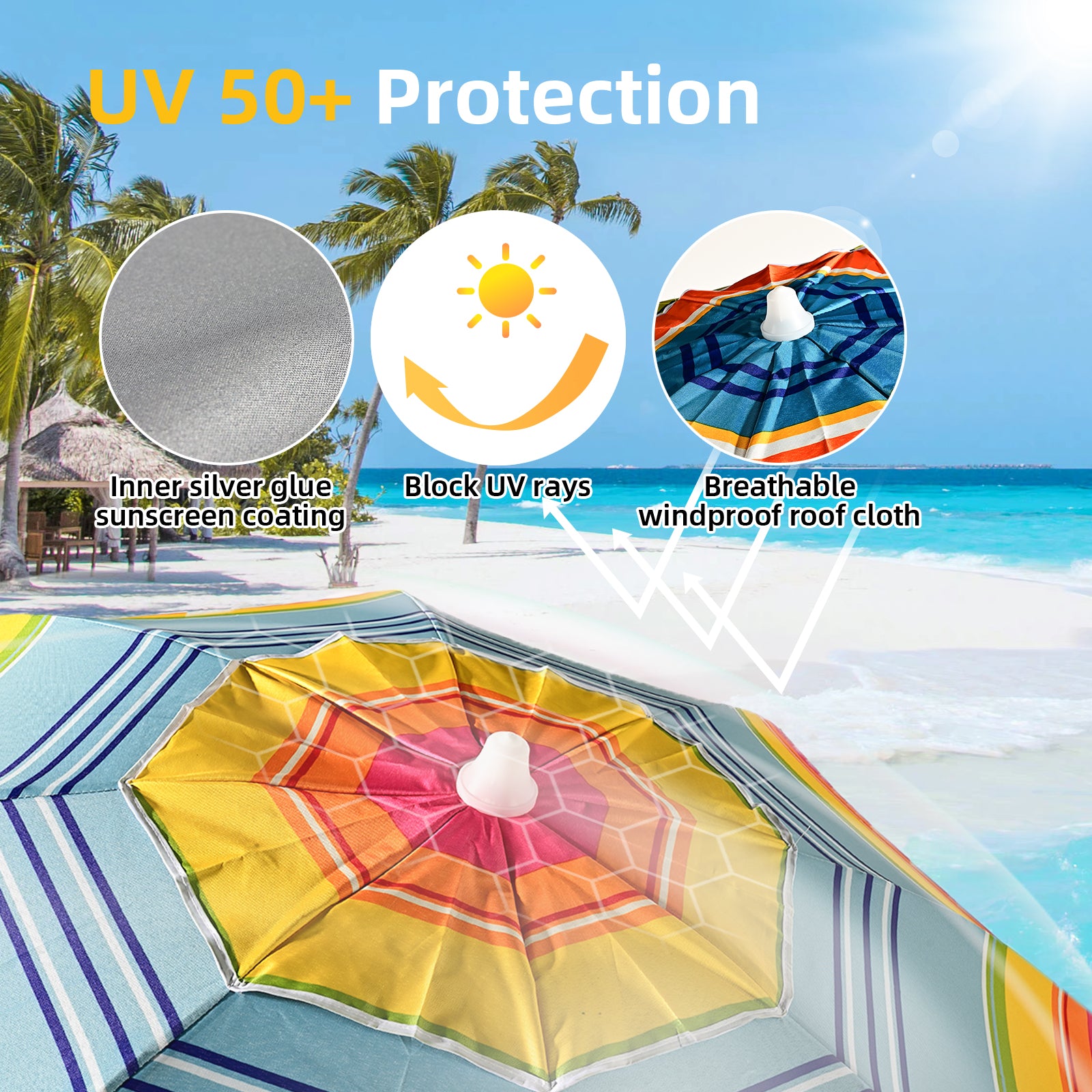 VC5399 Sombrilla de playa giratoria con aleación de zinc premium, transpirable y con rayas multicolor brillantes