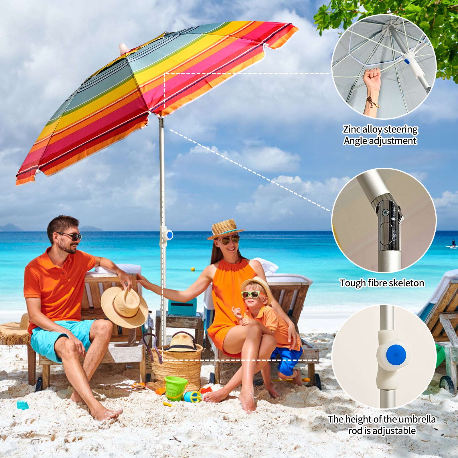 VC5399 Sombrilla de playa giratoria con aleación de zinc premium, transpirable y con rayas multicolor brillantes